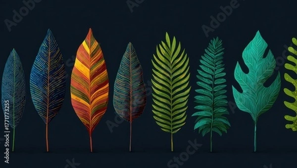 Obraz A vibrant collection of stylized tropical leaves in various shades of green, orange, red, and blue, arranged against a dark background.