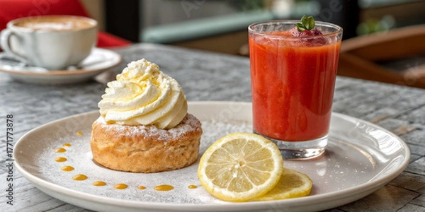 Fototapeta tomato juice and cake, lemon, yummy,