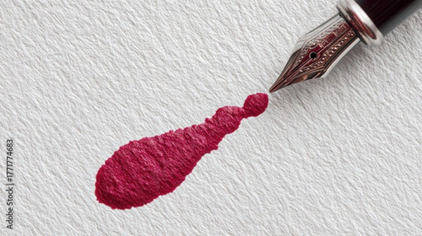 Obraz Close up of fountain pen nib with red ink blot on textured paper. creative writing mistake or moment of passionate expression with traditional calligraphy tool