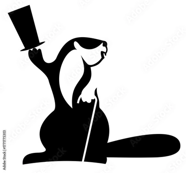 Fototapeta  Illustration of beaver in the top hat. Beaver looks like a gentleman with a top hat and a cane. Black and white illustration	