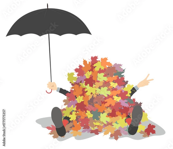 Fototapeta Happy man with umbrella lays under a huge pile of multicolored autumn leaves. Isolated on white background