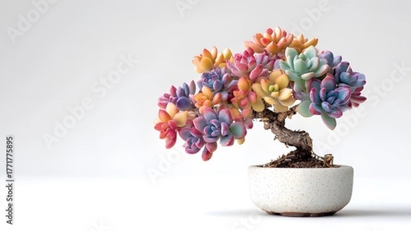 Obraz Miniature bonsai tree with vibrant, rainbow-colored succulent leaves in a pot, isolated on a white background
