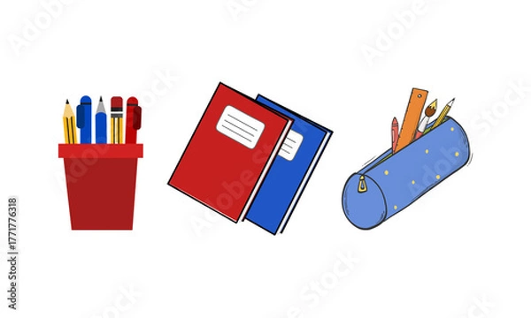 Fototapeta Trendy Colorful Stationery Cup With Pens and Notebooks on Transparent Background Illustration Vector. Modern school stationery illustration featuring pens in cup and notebooks, great for classroom ...