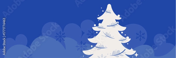 Fototapeta Snow-covered stylized Christmas tree with snowflakes on royal blue winter background