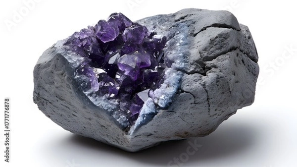 Obraz Amethyst geode rock with sparkling purple crystals, symbolizing inner beauty and hidden potential, isolated on a white background
