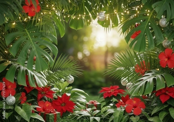 Fototapeta Tropical jungle oasis with red flowers and festive lights