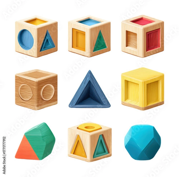 Fototapeta Colorful wooden shape blocks playroom educational toy top view isolated on transparent background