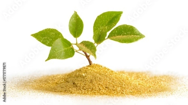 Obraz A green sapling growing from a pile of gold dust, symbolizing financial growth, investment, and prosperity, isolated on a white background
