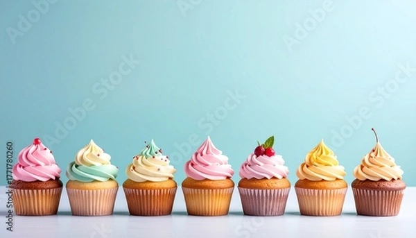 Fototapeta ラフルなカップケーキの整列 シンプルで美しいスイーツの世界