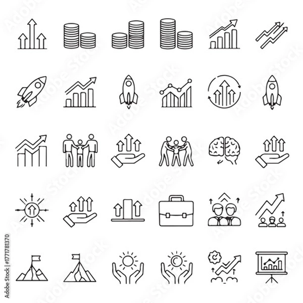 Fototapeta Collection of handdrawn business and finance icons, representing growth, success, teamwork, and innovation