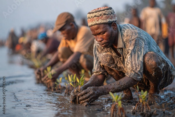 Fototapeta A lively scene of villagers planting young mangrove saplings along the shoreline during the Mangrove Festival in Mozambique. People of all ages work together with joy and pride