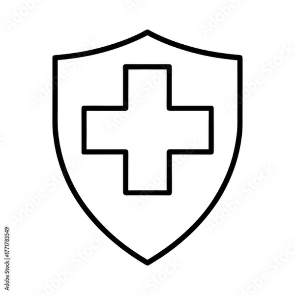 Fototapeta A white shield with a thick black outline containing a white plus sign symbol isolated on white background