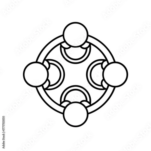 Fototapeta Abstract circular design with four outer circles and inner arched elements isolated on white background