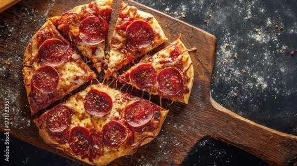 Obraz hunger. A delicious pepperoni pizza sits on a rustic wooden board, captured from an overhead angle. representing modern convenience.