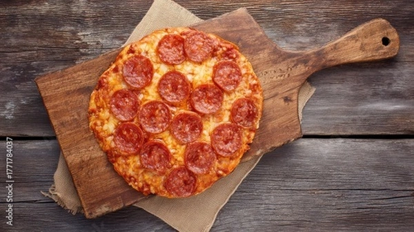 Obraz hunger. A delicious pepperoni pizza sits on a rustic wooden board, captured from an overhead angle. representing modern convenience.
