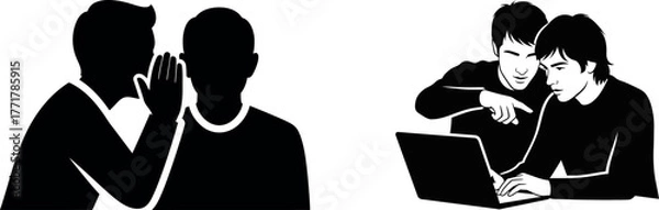 Obraz Two business scenes showing collaboration and secrets with silhouettes and figures working on a laptop