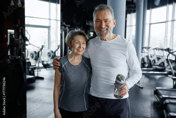 Fototapeta A man and a woman are happily posing for a picture together in a gym