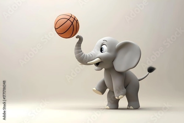 Fototapeta Elephant playing basketball, 3d illustration, horizontal, over white