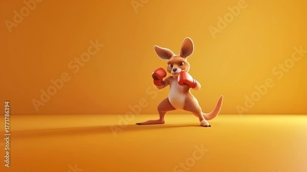 Fototapeta 3d render of kangaroo with boxing gloves on orange background