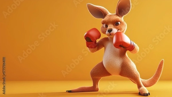 Fototapeta Kangaroo with boxing gloves on orange background. 3d illustration