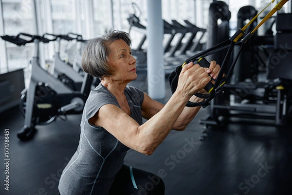 Fototapeta An elderly woman is exercising on a suspension trainer in a gym