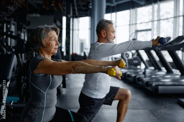 Fototapeta Elderly man and woman are doing squats with dumbbells in a gym