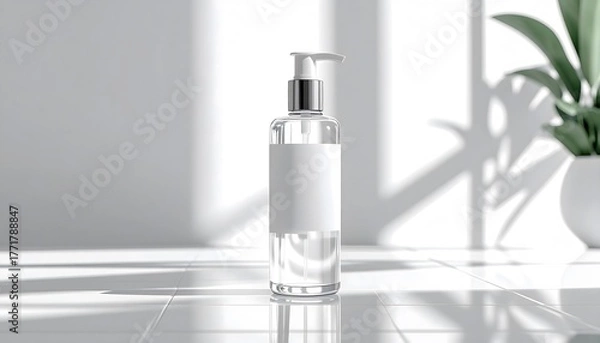 Obraz Clear cosmetic pump bottle with blank label for mockup in a bright sunlit room with shadows.