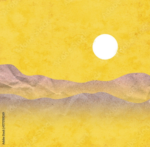 Fototapeta Abstract minimal landscape with sun and mountains in warm yellow tones. Peaceful and artistic atmosphere.