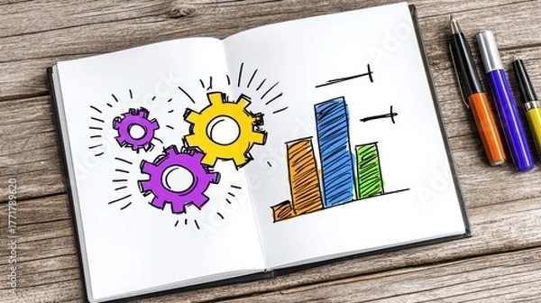 Obraz Colorful Hand Drawn Gears and Bar Graph in Open Notebook