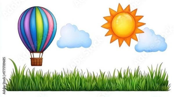 Obraz Colorful Hot Air Balloon Soaring Over Green Field Under Sunny Sky