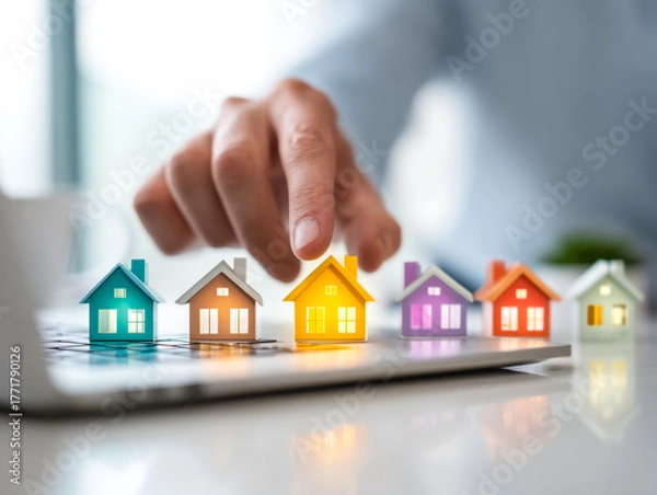 Fototapeta Hand pointing at colorful miniature house models symbolizing real estate or property investment