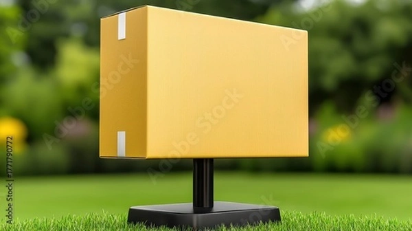 Obraz Cardboard Box on Black Pedestal in Green Lawn Product Showcase Close