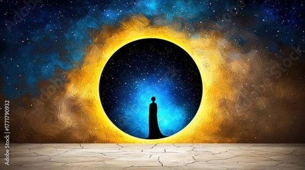 Obraz Cloaked Figure Before a Cosmic Portal Blue and Yellow Nebulae