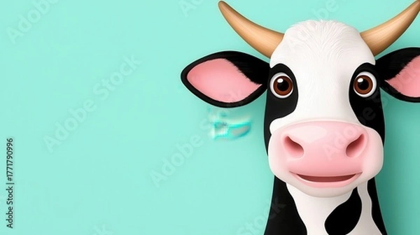 Obraz Close up Illustration of Black and White Cow with Pink Nose on