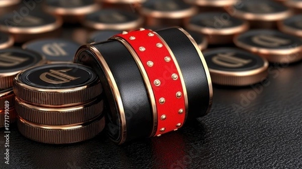 Obraz Close Up of Black and Rose Gold Metallic Discs with Red Accents