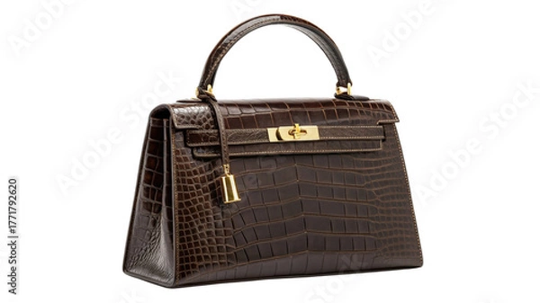 Obraz Elegant brown crocodile leather handbag isolated on transparent background