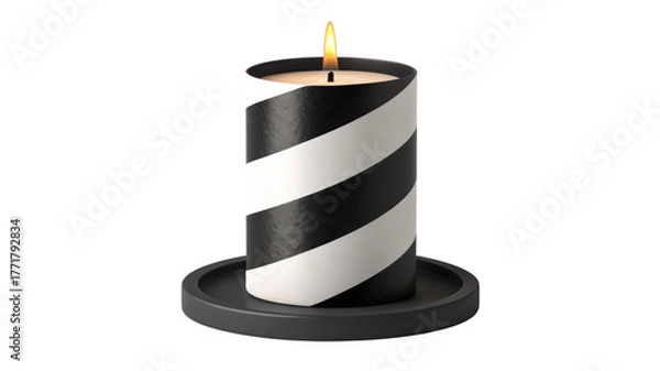 Obraz Burning striped candle on a black plate isolated on transparent background