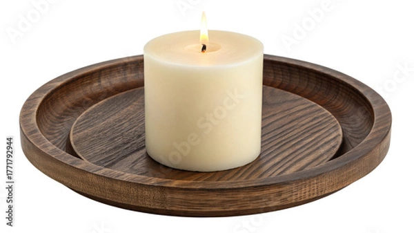 Obraz Burning white candle on a wooden stand isolated on transparent background