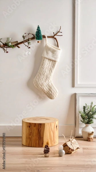 Fototapeta podium from wood with christmas decoration room product display vertical