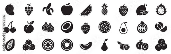 Fototapeta Food fruits glyph icon set. Vector pictograms of banana, strawberry, pineapple, watermelon, grapes, mango, blueberries, peach, cherry, lemon, avocado, pear, black sign silhouette. vector eps file.