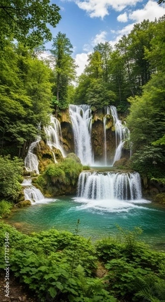Fototapeta Photorealistic Waterfall with Silky Water and Emerald Foliage. Serene Waterfall Scene with Ethereal Atmosphere. Painterly Waterfall in an Untouched Natural Setting.