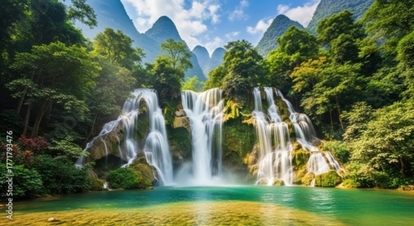 Fototapeta Majestic Waterfall with Turquoise Pool and Karst Mountains. Scenic Waterfall Landscape with Misty Peaks. Tropical Waterfall with Limestone Cliffs and Foliage.