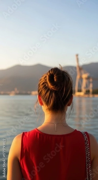 Fototapeta Woman in Red Tank Top Contemplating a Serene Seascape. Backlit Portrait with Hazy Mountains and a Crane. Painterly Seascape with a Woman from Behind.