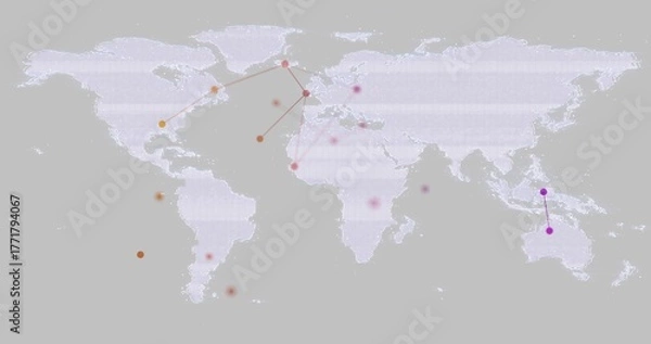 Fototapeta Displaying pixelated world map on grey backdrop showing orange red purple dots and linking lines