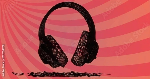 Obraz Floating sketch-style black headphones above scribbled shadow on graphic radial gradient backdrop