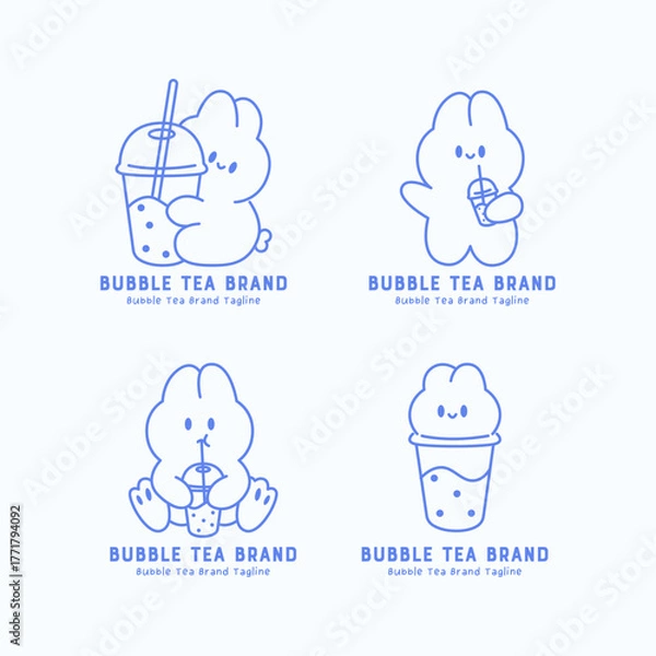 Obraz Adorable bubble tea logo set featuring cute bunny characters hugging cups and transforming into boba drinks. Blue monoline illustration for modern beverage branding and tea shop identity.