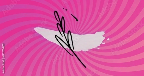 Fototapeta Showing white paint stroke covering pink-purple spiral backdrop in graphic art and black scribbles