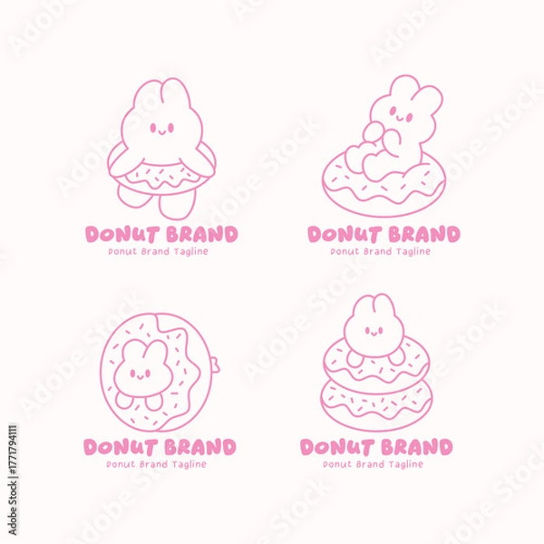 Obraz Delightful donut logo set featuring cute bunny characters in donut suits and sitting on donuts. Pink monoline illustration for bakery branding and dessert identity.