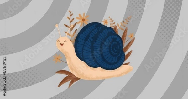 Fototapeta Sliding cartoon snail gliding across grey-striped backdrop, with tan leaves and tiny orange flowers