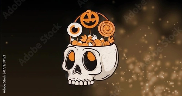 Fototapeta Floating skull holding pumpkin lollipop, candy eyeball and candy corns on dark gradient with bokeh